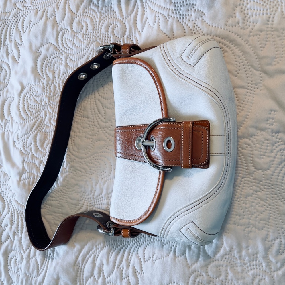 White and Brown Crescent Shoulder Bag with Leather Strap